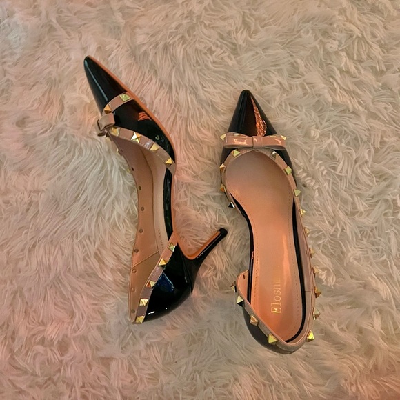 Black Shoes Bowtie Cut Out Sexy Studded Pumps 3" Heels Pointed Toe Rock Size 8 - Picture 2 of 3